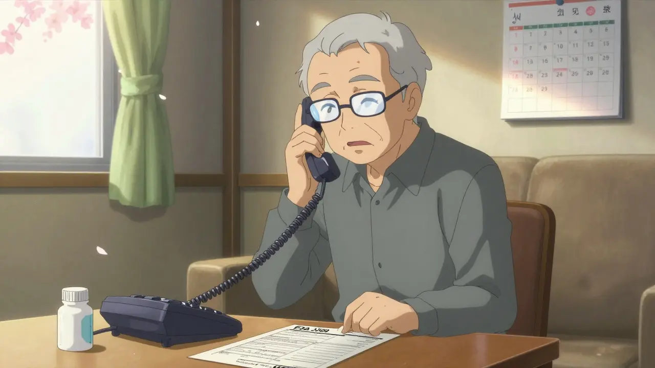 An elderly man calls the FDA hotline while reviewing a medical form on his coffee table.