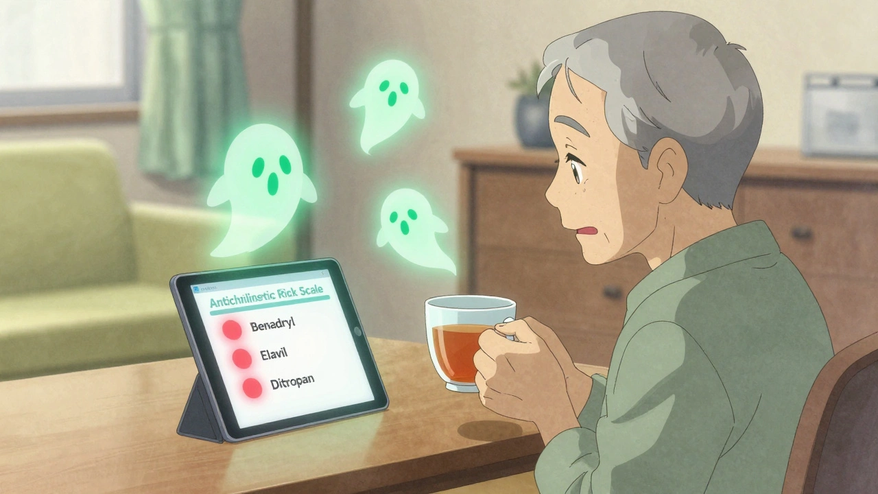An older man looking at a tablet showing dangerous medications, with calming green light replacing them.