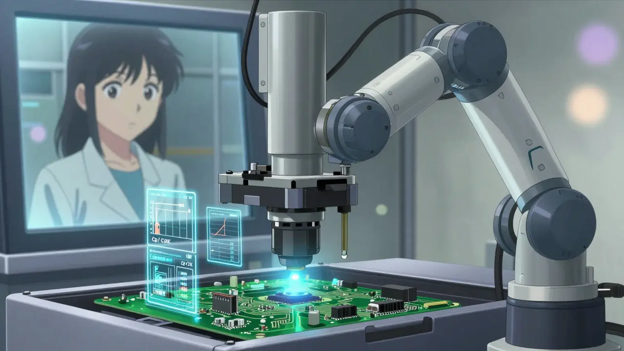 AOI machine detecting a solder defect on a circuit board, with glowing data streams around it.