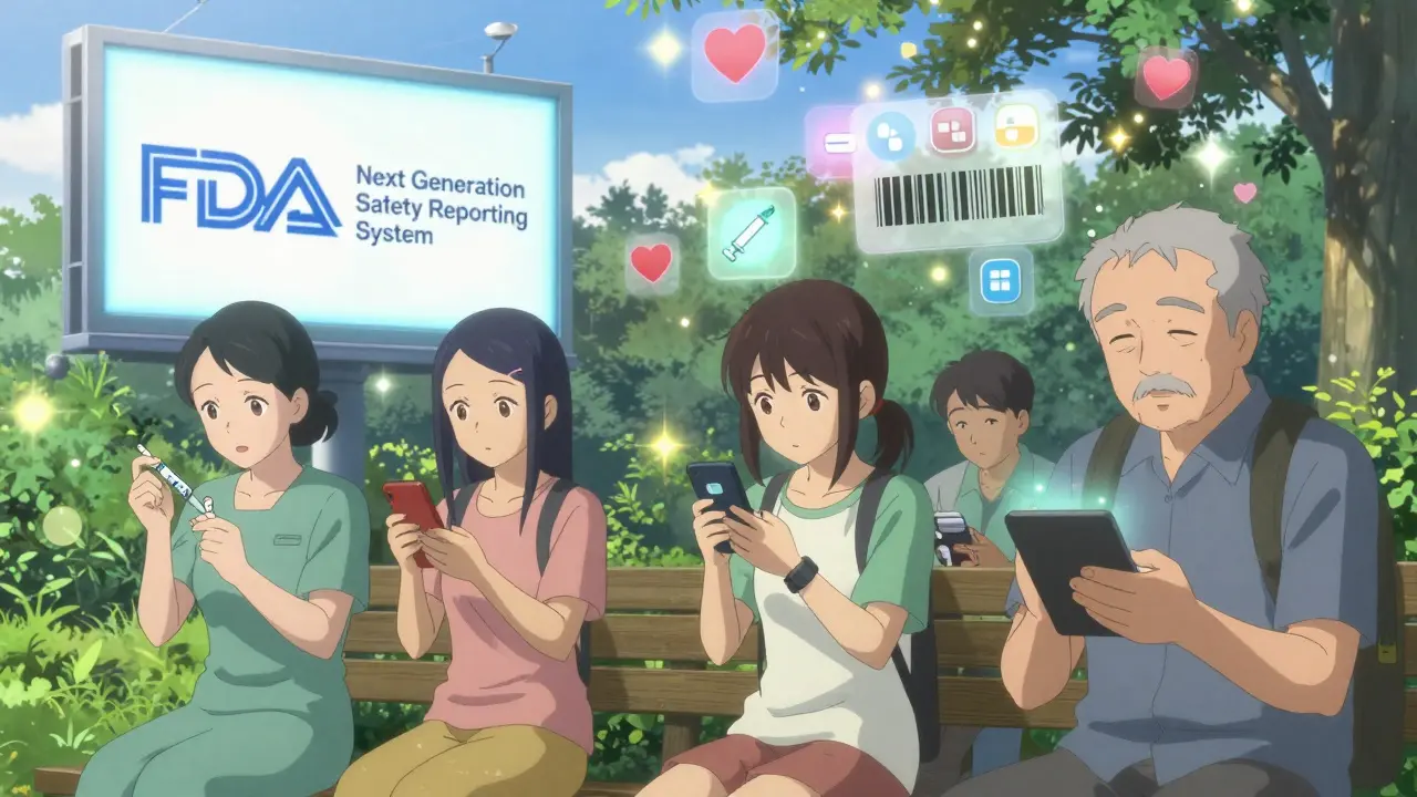 Diverse patients in a park submit safety reports, with digital FDA icons glowing in the sky.
