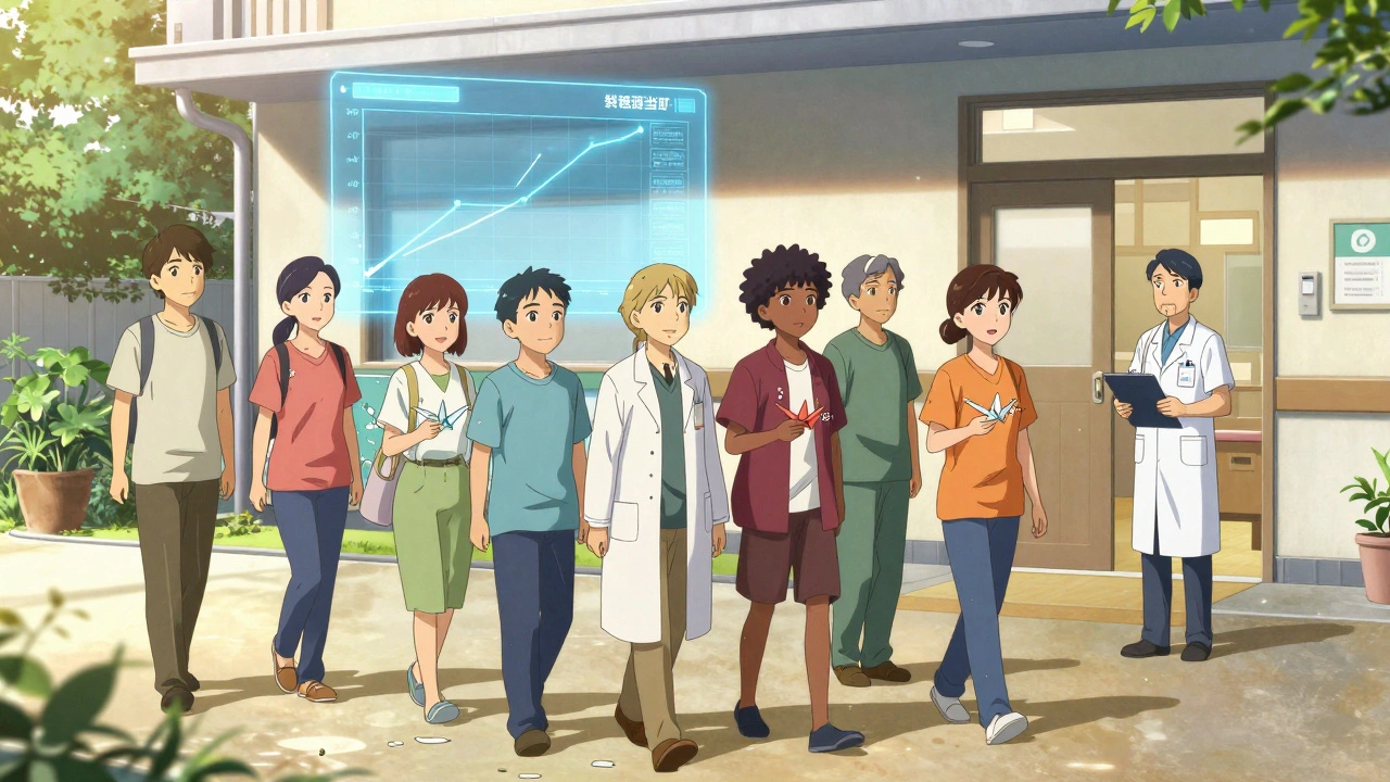 Diverse patients walking toward a liver clinic, each holding a scan reminder crane.