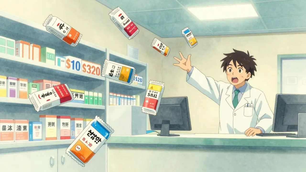 Eight generic drug packages flying through a pharmacy as prices collapse from 0 to .