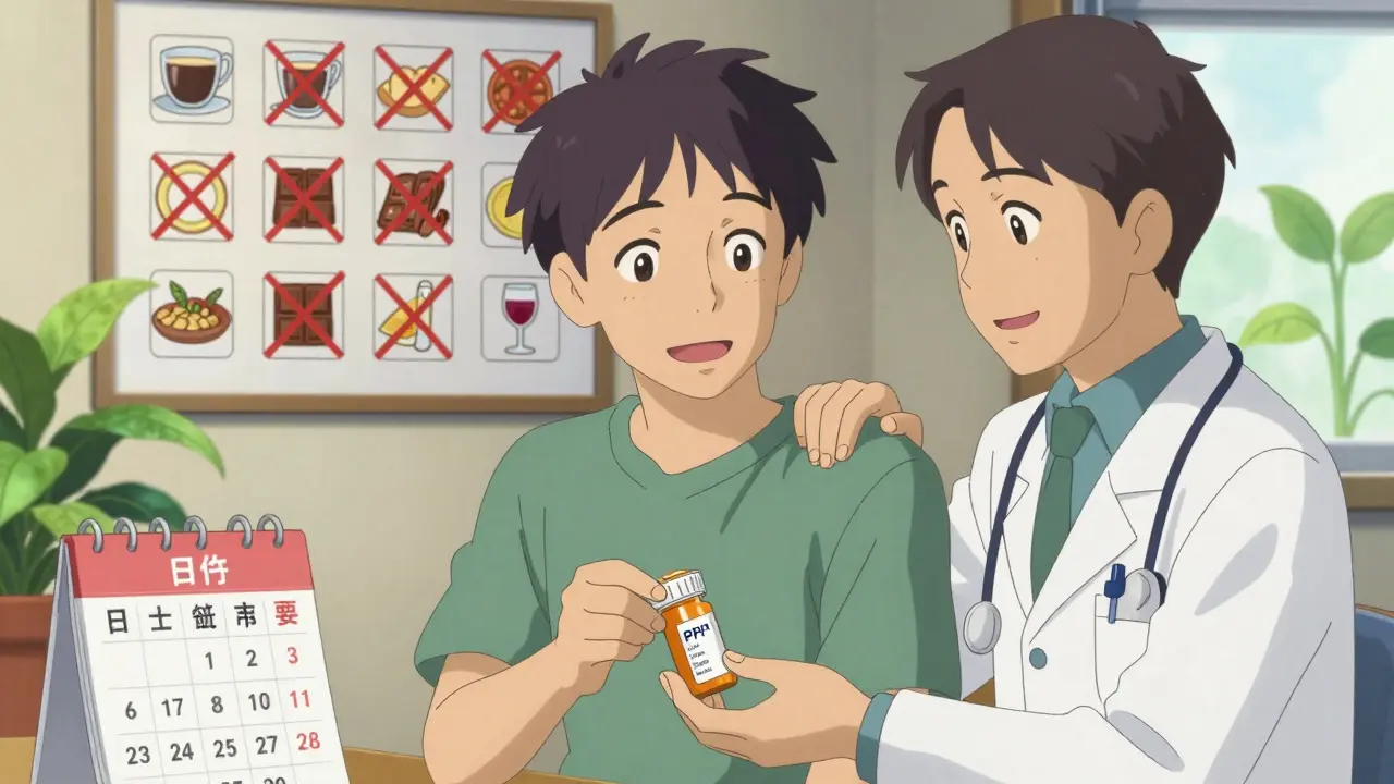 Man giving PPI bottle to doctor, calendar flipping to 'As Needed', food triggers crossed out in background.