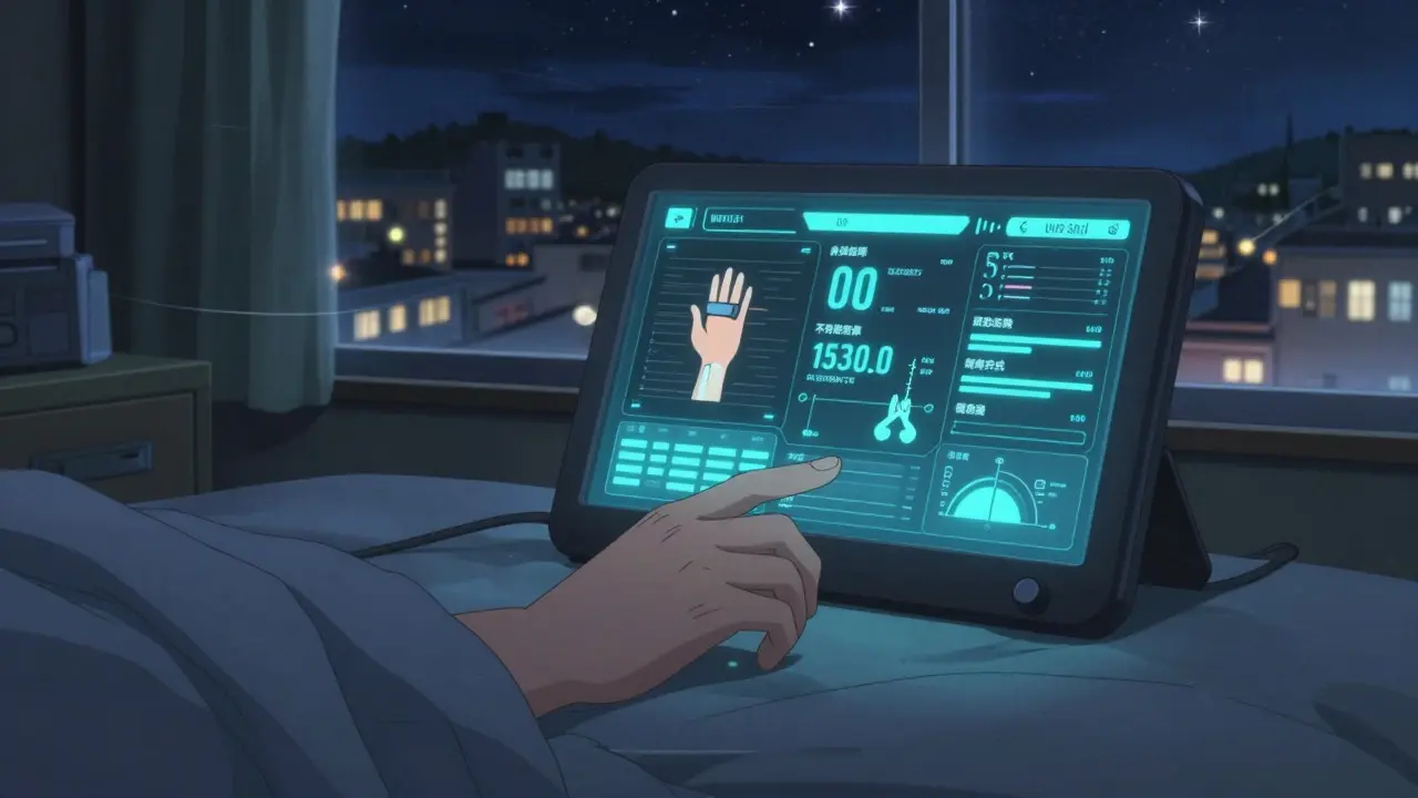 Nighttime scene with wearable sensor tracking RA activity on a sleeping patient's hand.