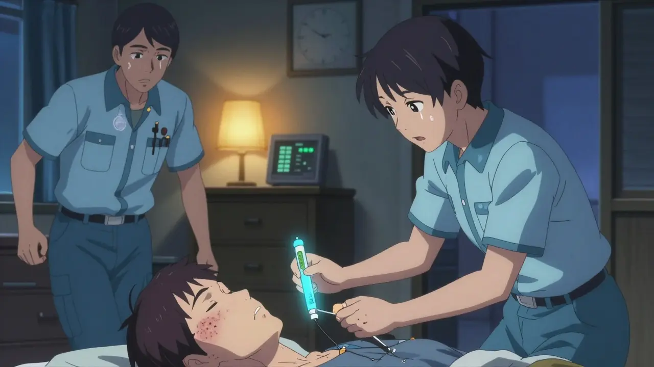 Paramedics administering epinephrine to a patient in distress during a home emergency.