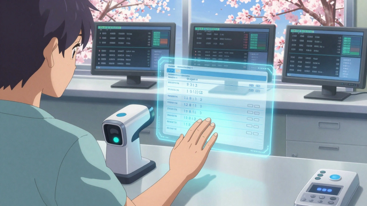 Patient using palm-vein scanner in a high-tech pharmacy, with holographic medical record displayed.