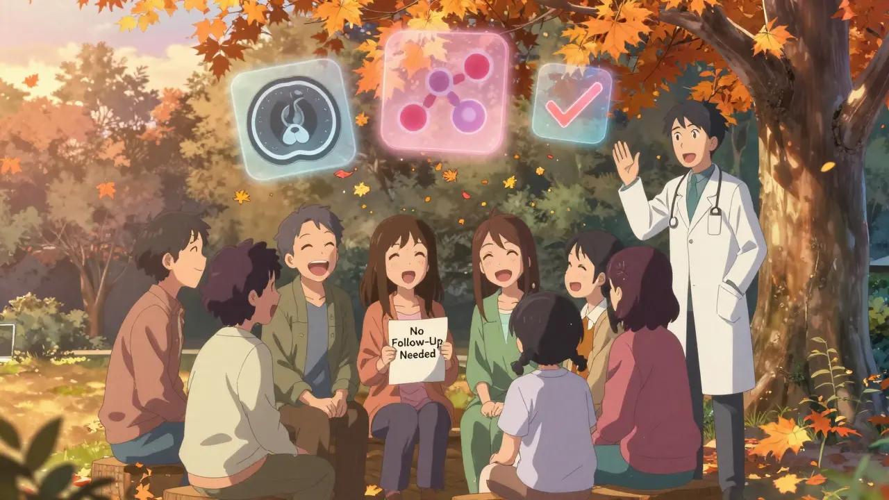 Patients smiling in a park with 'No Follow-Up Needed' paper, golden hour lighting