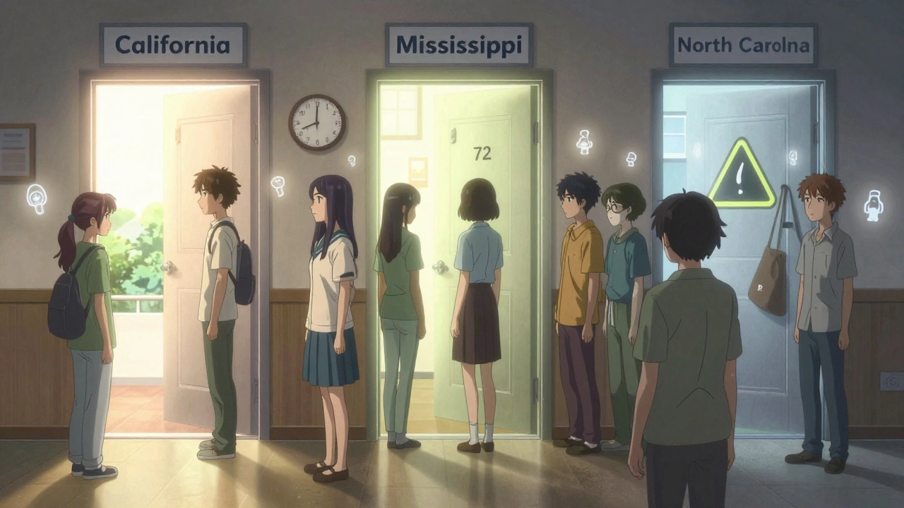 Patients standing before doors representing state laws, each glowing differently with approval or delay symbols.