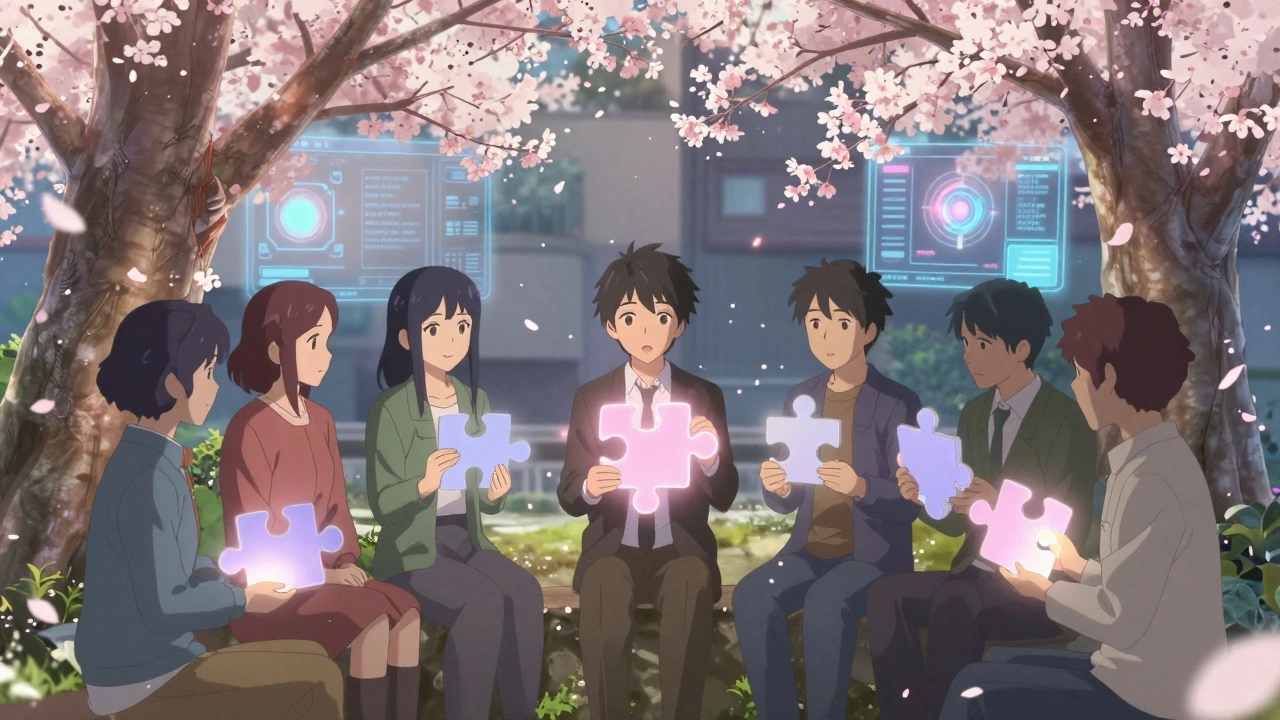 People in a circle hold belief-shaped puzzle pieces under cherry blossoms, one turning theirs to reveal contrast.