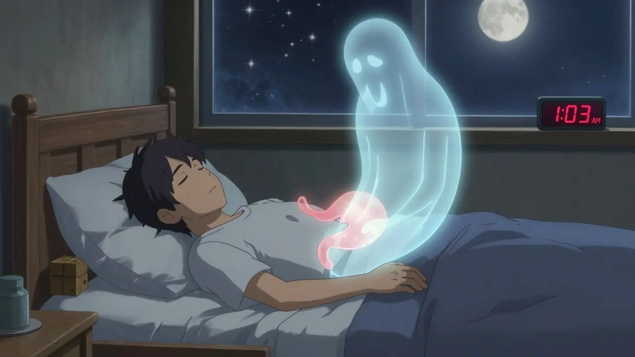 Person sleeping with elevated head, ghostly acid blocked by a glowing barrier, peaceful night scene.