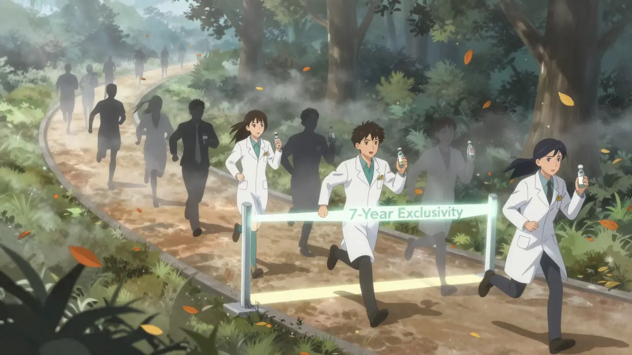 Pharmaceutical teams race along a timeline path, with only one reaching a glowing finish line marked '7-Year Exclusivity'.