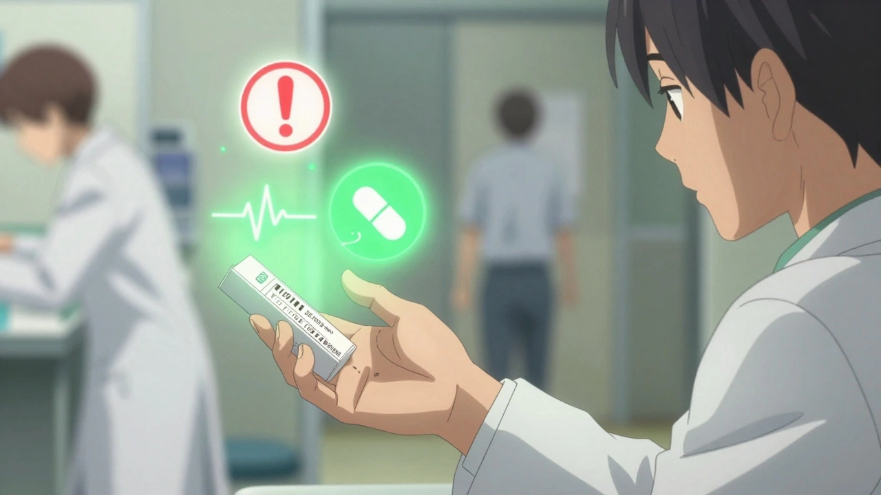 Pharmacist pausing to confirm two patient identifiers before dispensing medication, with warning icons fading into calm light.