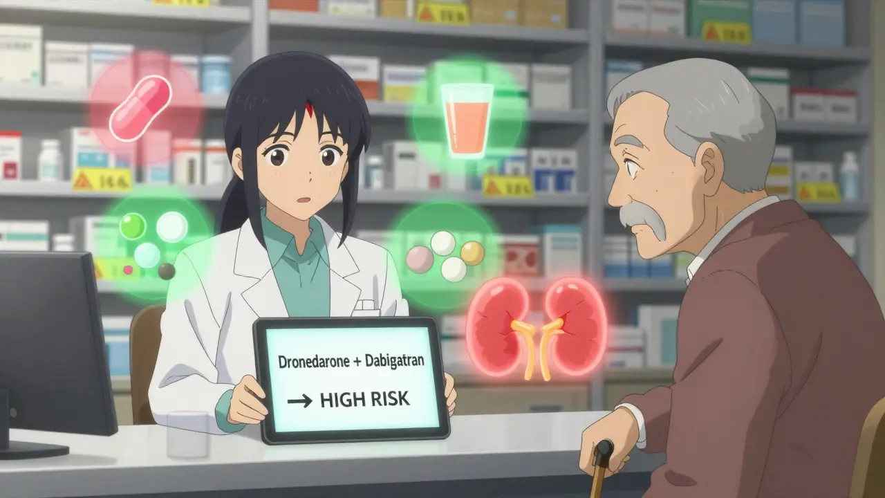 Pharmacist showing drug interaction alert to patient, with floating risk icons and kidney symbol.