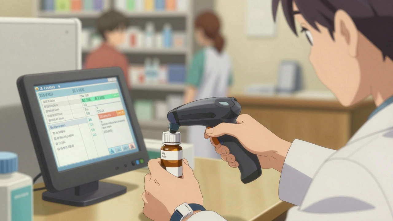 Pharmacist using barcode scanner to match medication with patient record, with digital alerts visible on screen.
