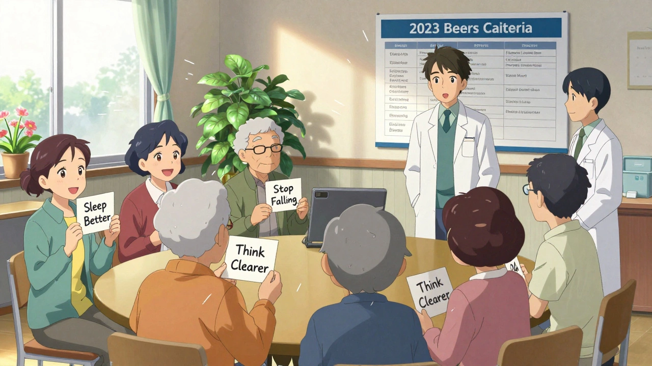 Seniors holding goal cards in a sunlit community center, with a Beers Criteria poster on the wall.