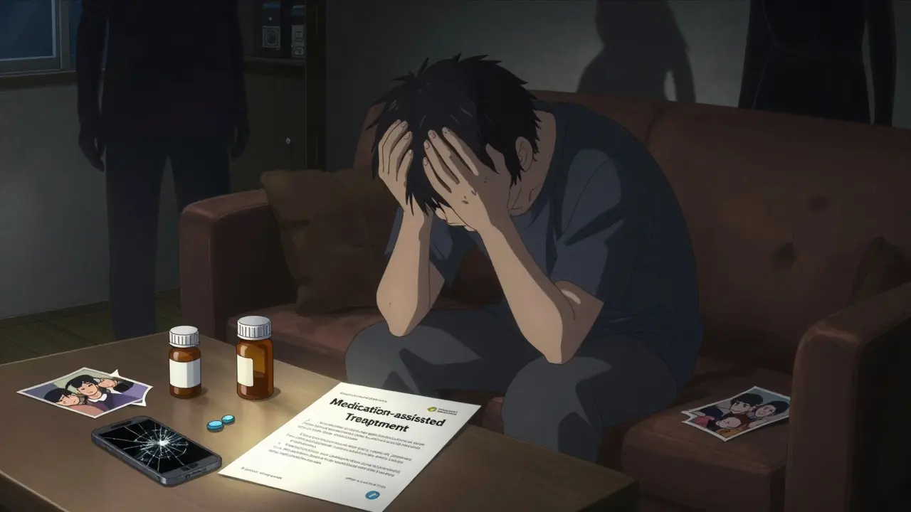 Someone sitting alone in a dim room, surrounded by broken belongings, with a treatment pamphlet lit by a single ray of light.