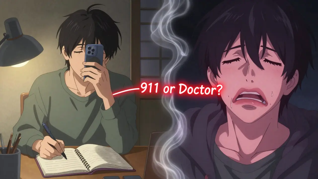 Split scene: calm note-taking vs. flashback of severe allergic reaction with red warning line.