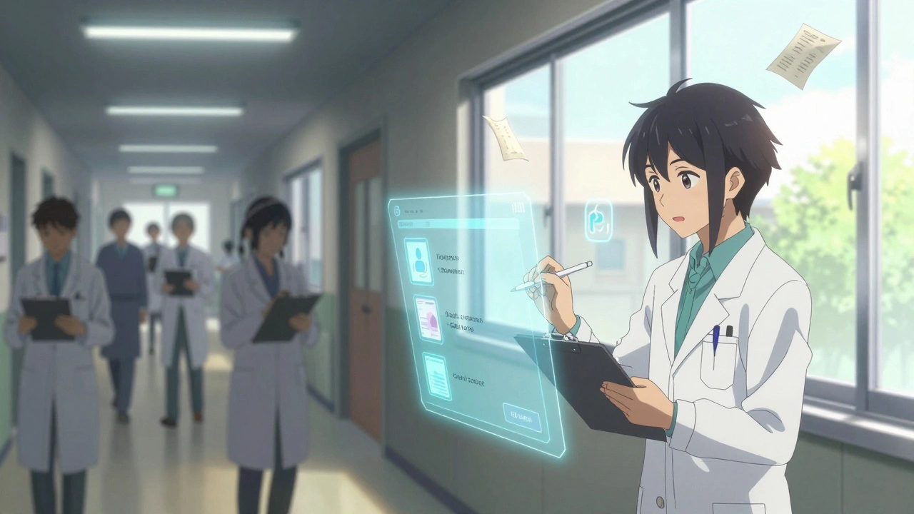 Split scene: chaotic paper prescriptions vs. calm digital prescribing with AI safety checks in a sunlit room.