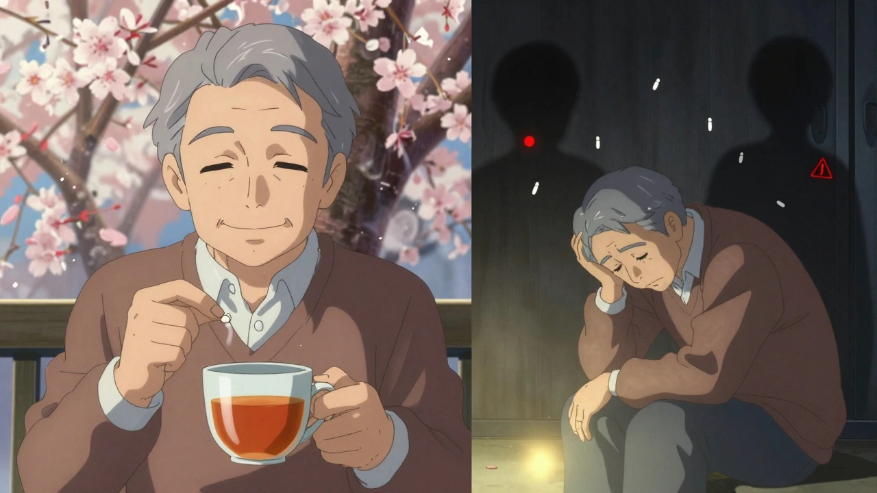Split scene: elderly man calm with mirtazapine on one side, confused with SSRIs on the other, cherry blossoms in background.