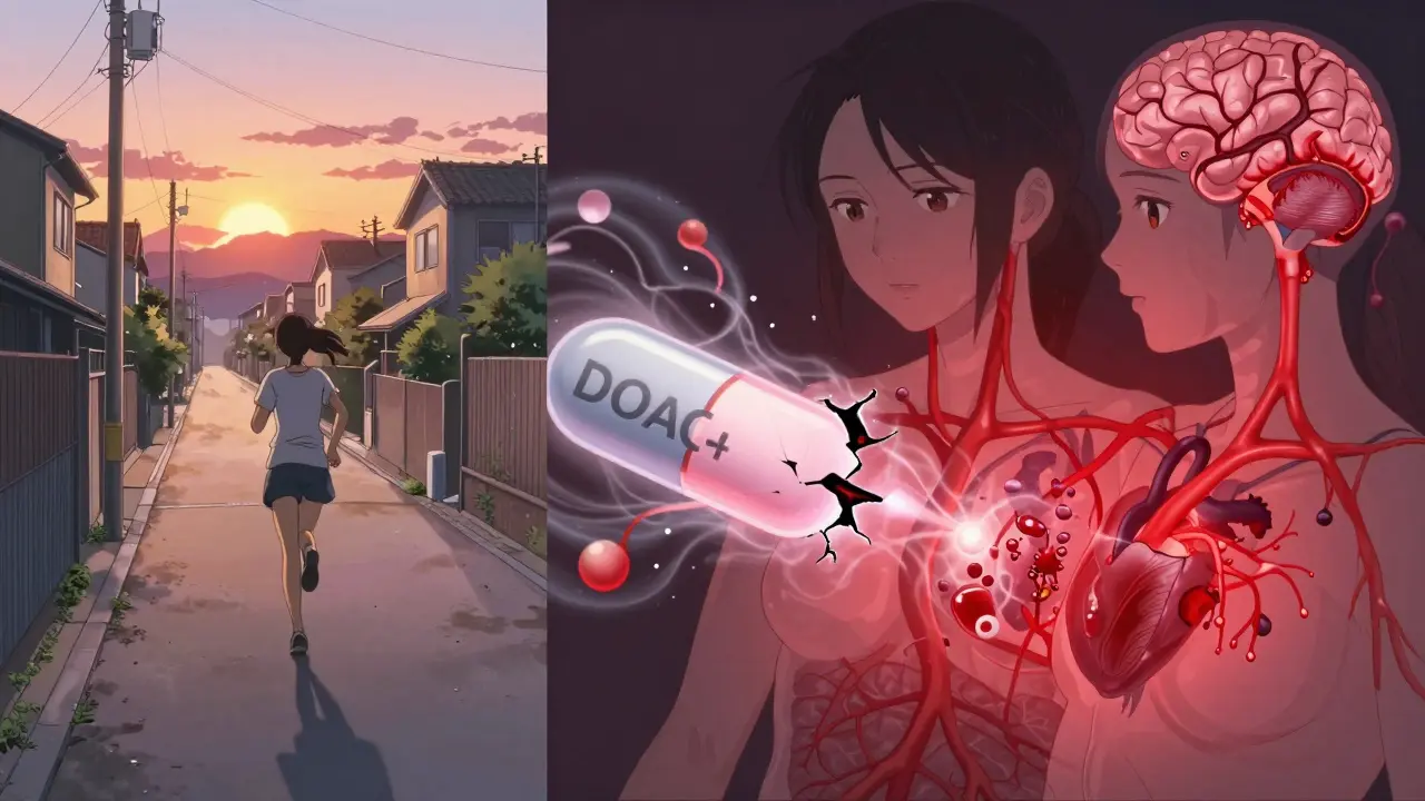 Split scene: woman jogging peacefully vs. internal bleeding and clot from drug interaction.