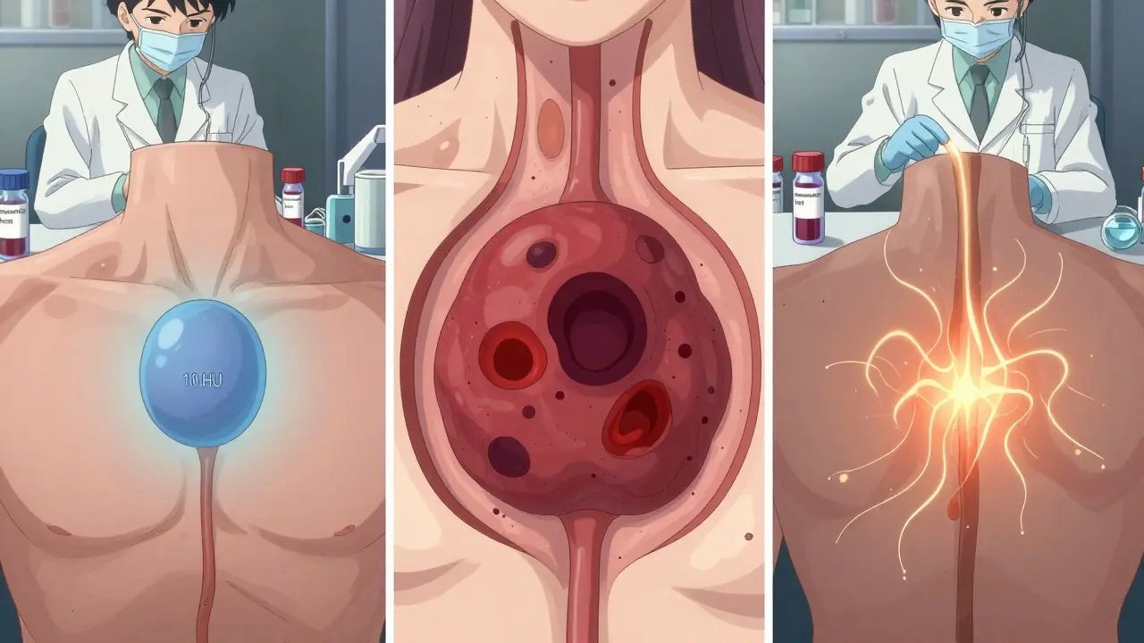 Three types of adrenal tumors illustrated with color-coded glow in a stylized human body