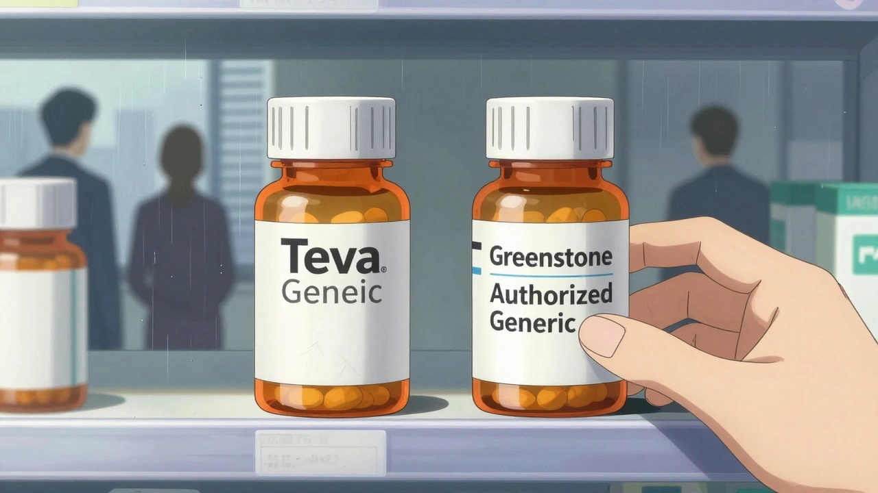 Two identical pill bottles on a pharmacy shelf, one cracked, one pristine, under soft light as silhouettes watch from above.