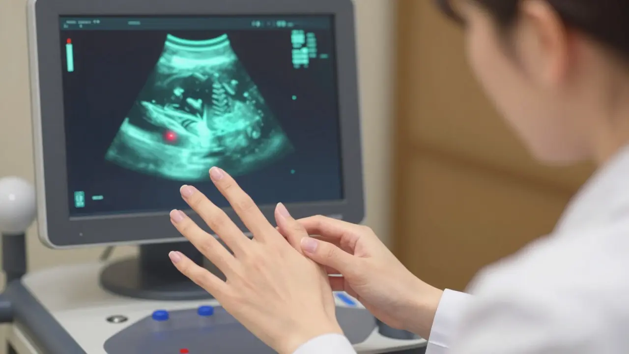 Woman receiving ultrasound for rheumatoid arthritis, showing inflamed joint tissue on screen.