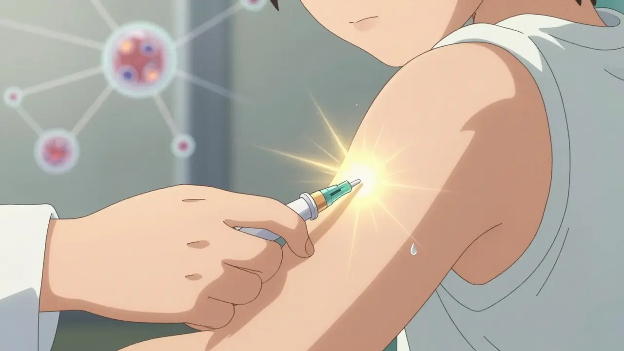 A child’s arm receiving an allergy shot, with golden light symbolizing immune system reprogramming.
