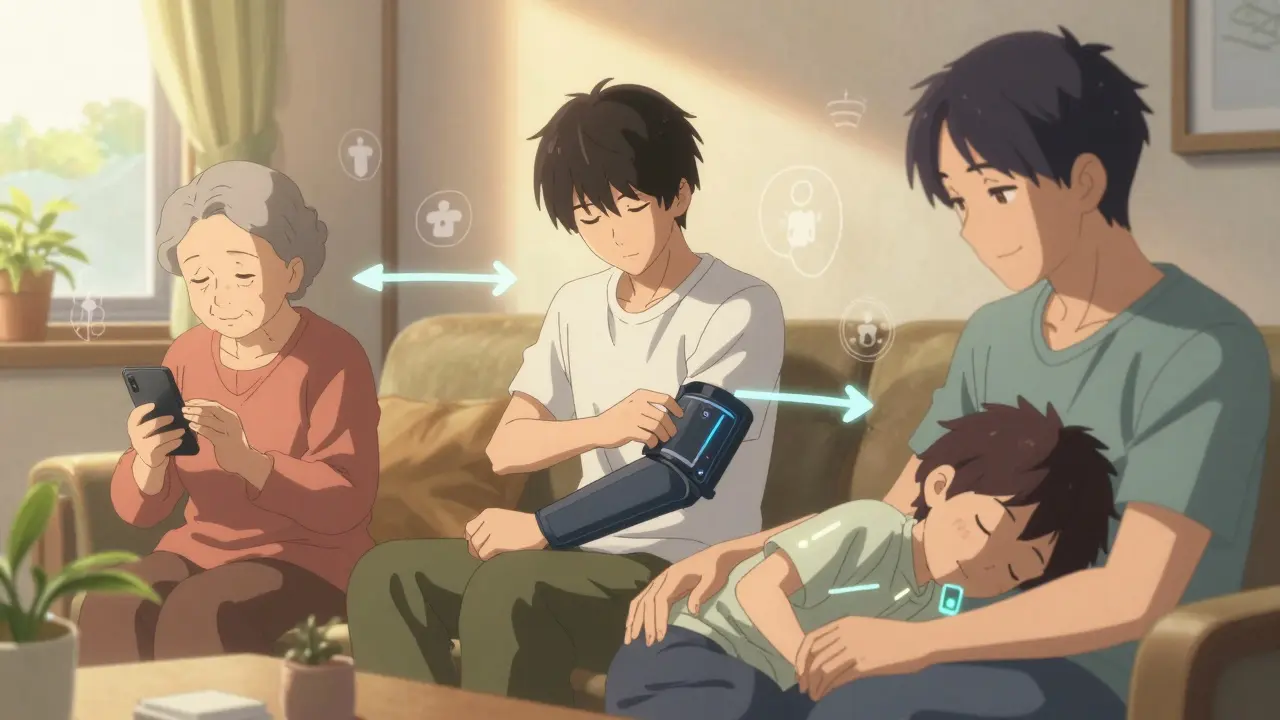 A diverse group of people in a warm room, connected by floating trend arrows from their CGMs.