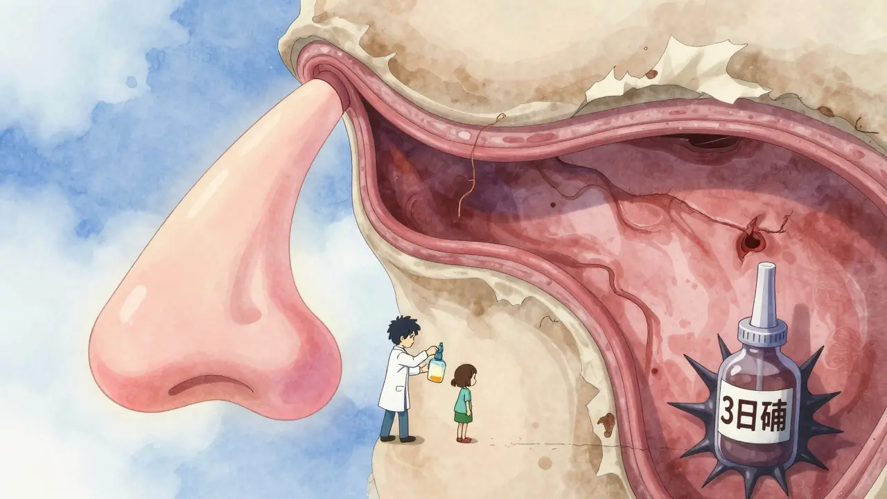 A dreamlike nasal passage showing healthy tissue versus damage, guided by a doctor holding a saline rinse lantern.