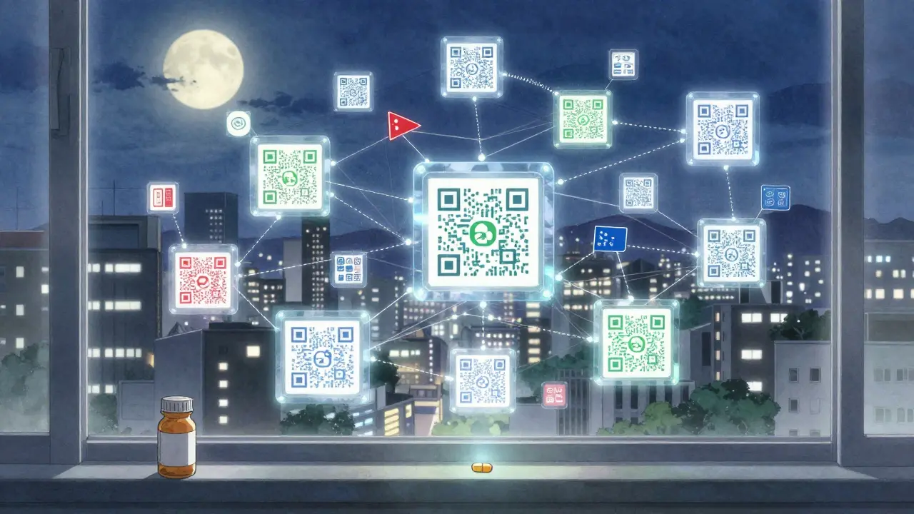 A glowing network of QR codes connecting patients, pharmacies, and regulators in a serene cityscape.