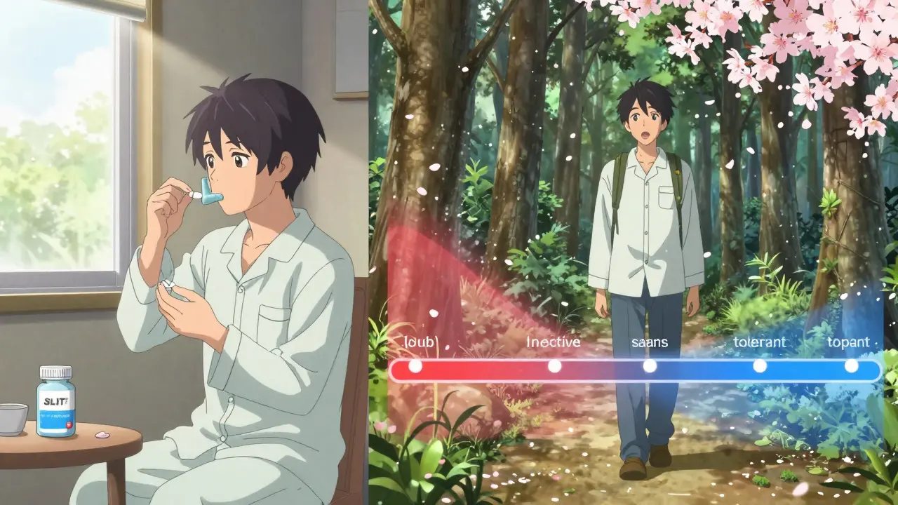 A person hiking freely in nature after years of immunotherapy, with pollen swirling harmlessly around them.