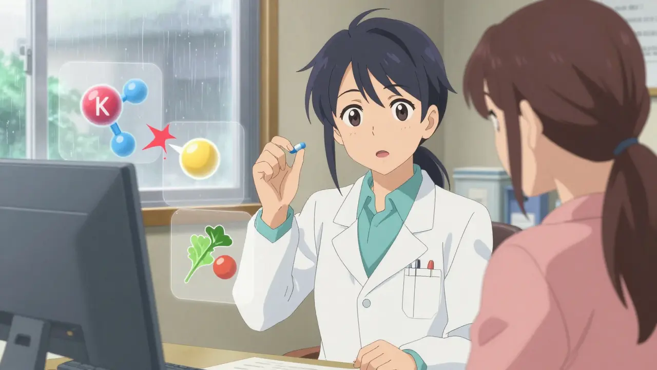 A pharmacist explains medication safety to a patient, with visual overlays of food and drug interactions.