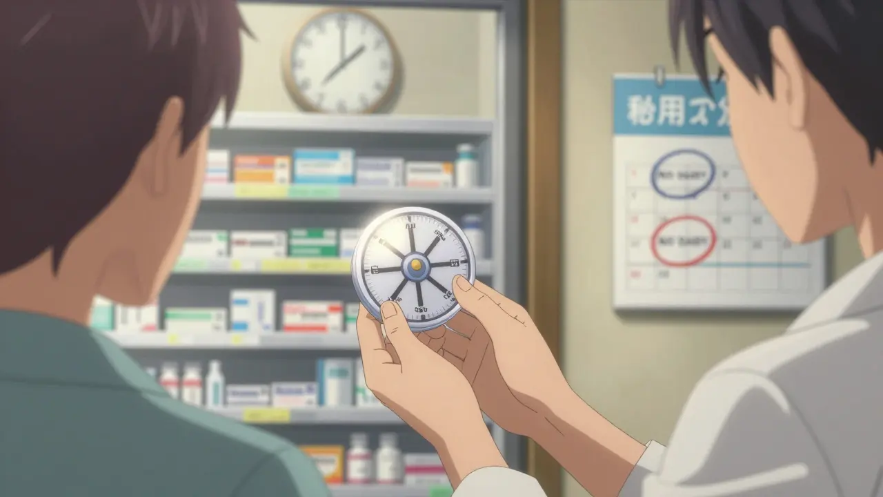 A pharmacist gives a patient a timing wheel to help coordinate antibiotic doses with dairy-free windows.