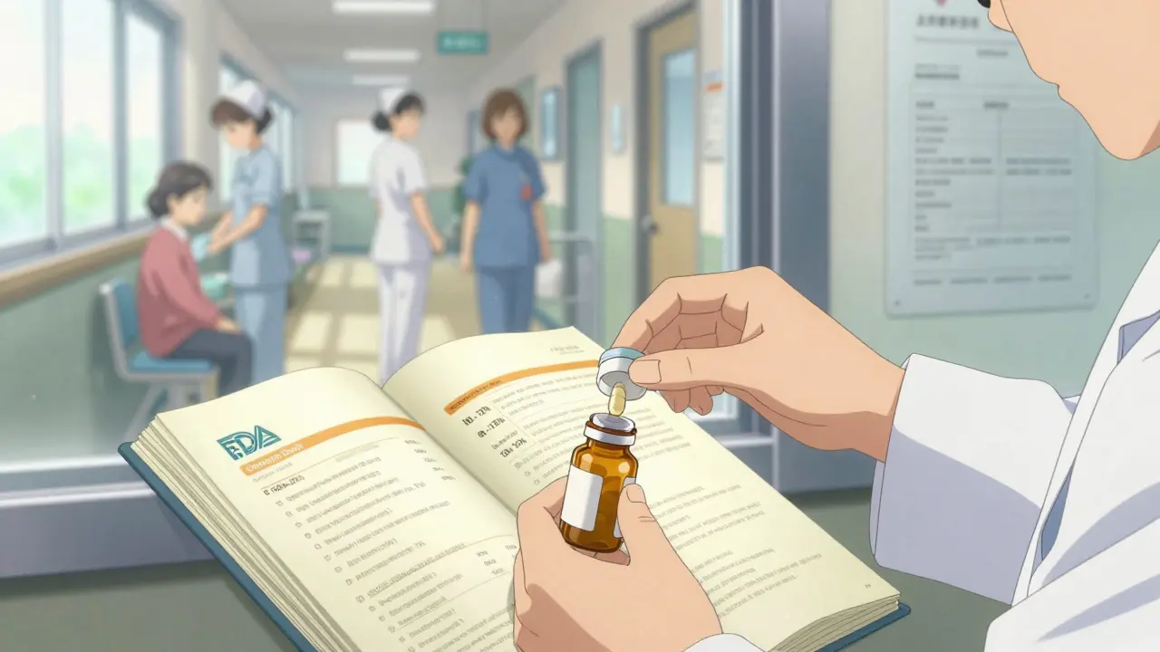 A pharmacist placing a generic pill bottle into a formulary binder, with FDA bioequivalence data visible nearby.