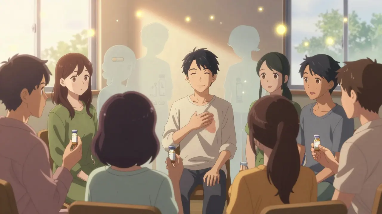 A support group with clearer skin, medical treatments floating as fireflies, bathed in warm golden light.