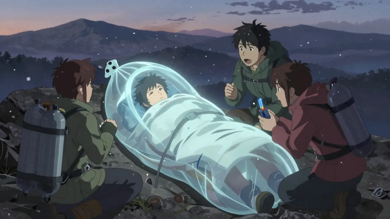 A trekker rescued in a Gammow Bag under stormy skies, with satellite device and oxygen tanks nearby.