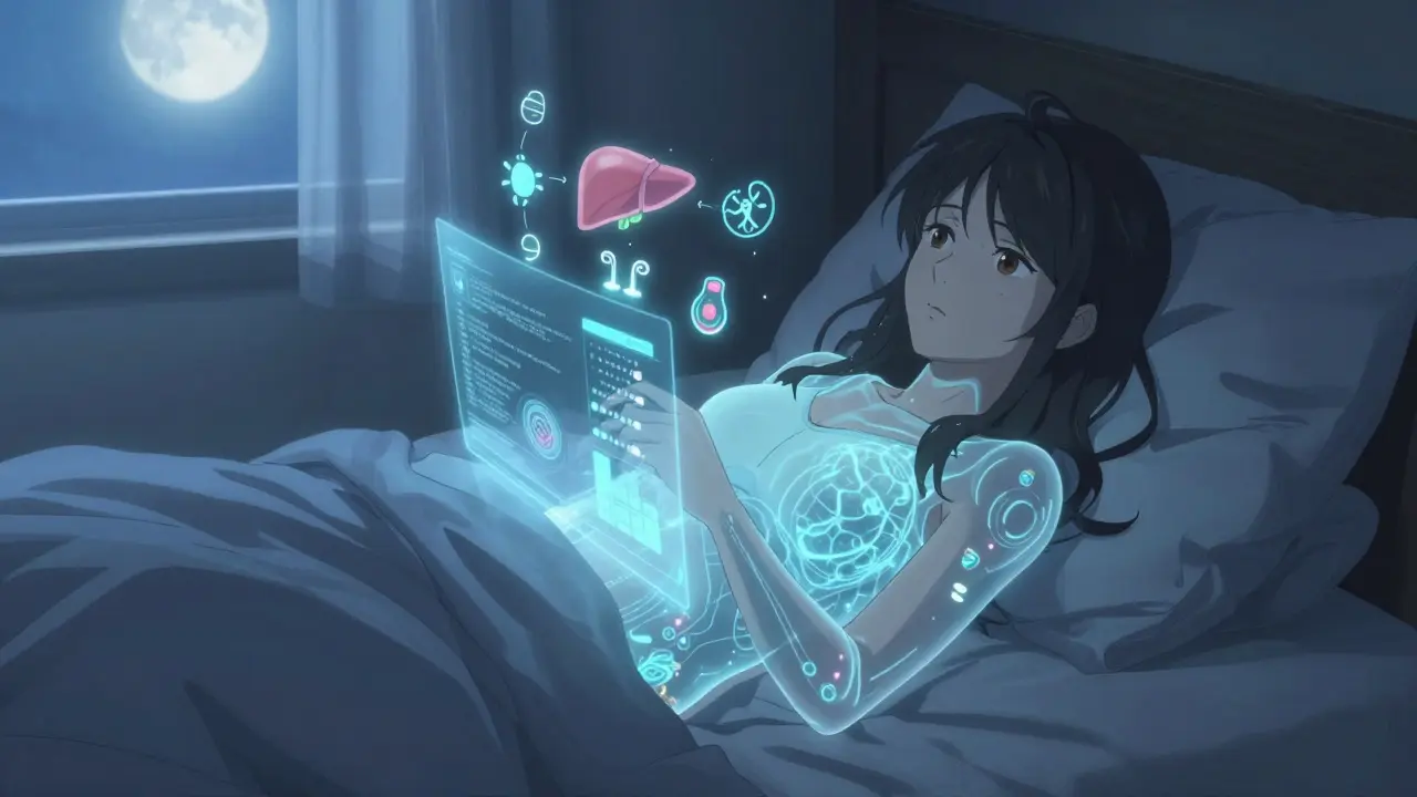 A woman's translucent body reveals a digital twin showing how her body processes medicine at night.
