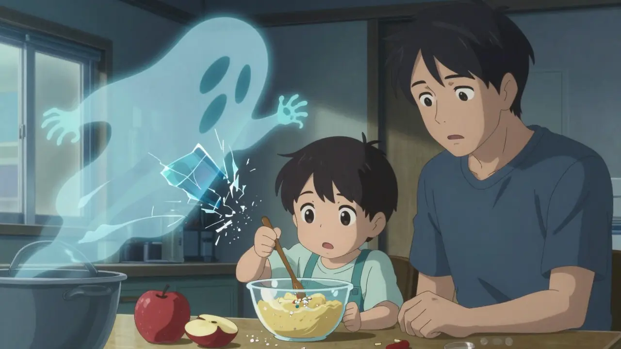 Child mixing crushed medication into food while ghostly toxic dust rises nearby.