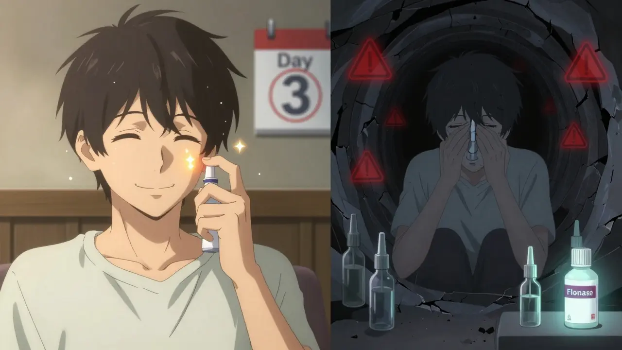 Contrasting scenes of saline spray relief versus rebound congestion, with a calendar showing day 3 in red.