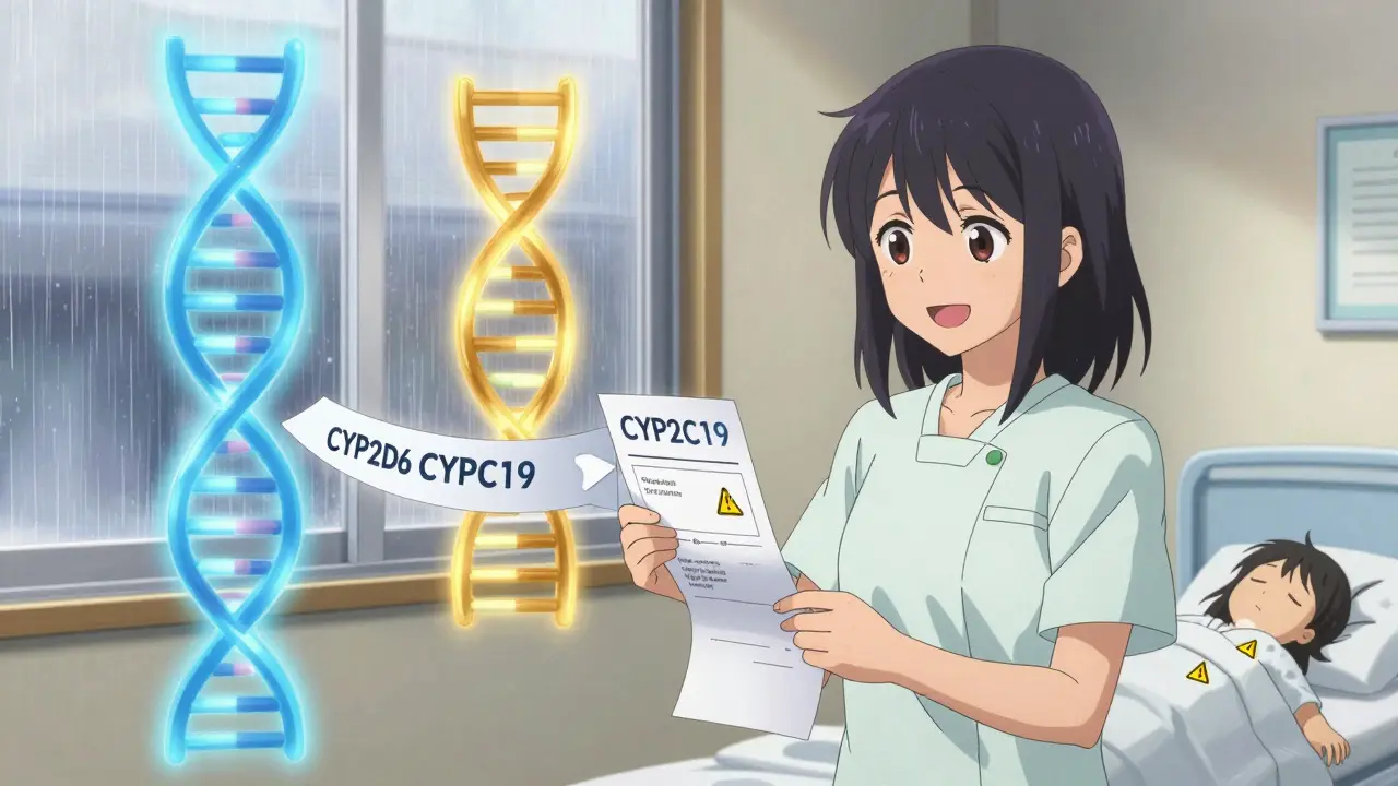 DNA helixes with genetic variants, a woman receiving a test result that splits into two life paths.