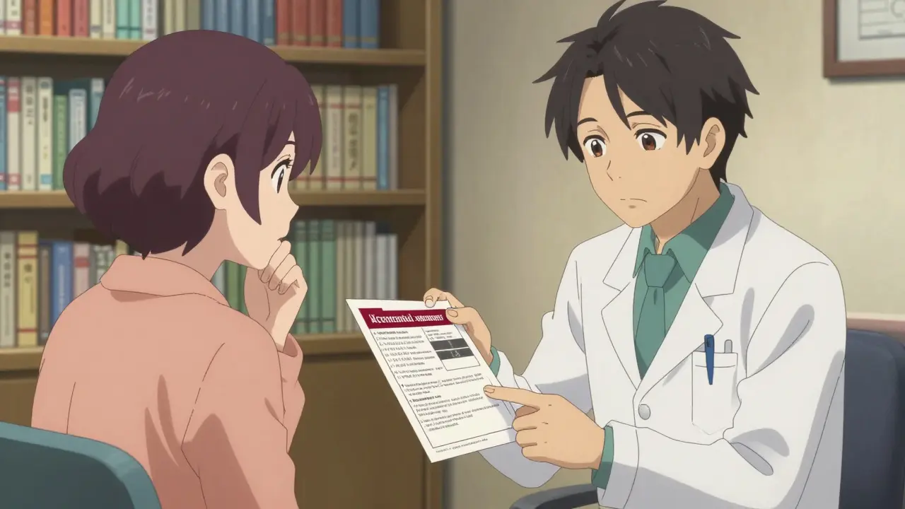 Doctor and patient discussing a drug warning in a quiet clinic, focused and thoughtful.