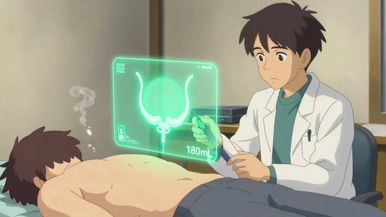 Doctor using bladder scanner, hologram showing high residual urine volume in patient’s bladder.