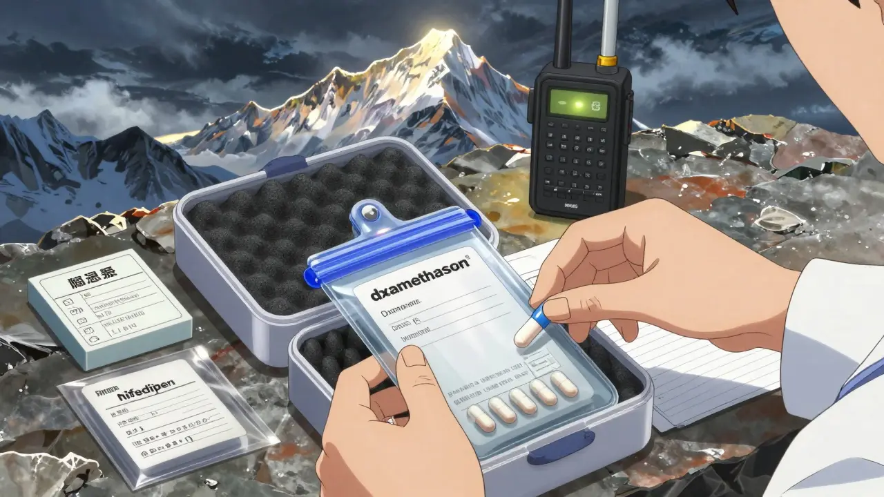 Hands organizing emergency altitude meds in an insulated case with pharmacy labels and a doctor’s letter.