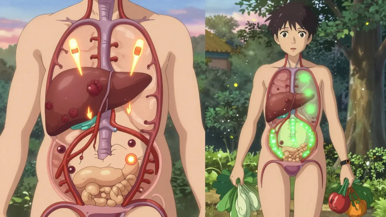 Internal view of a body healing from metabolic syndrome, with fat receding and green light restoring organs, in Kyoto Animation style.