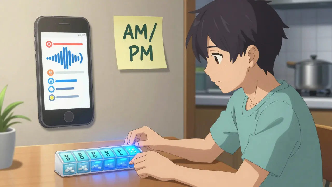 Man using a flashing pill organizer with visual alerts at his kitchen table.