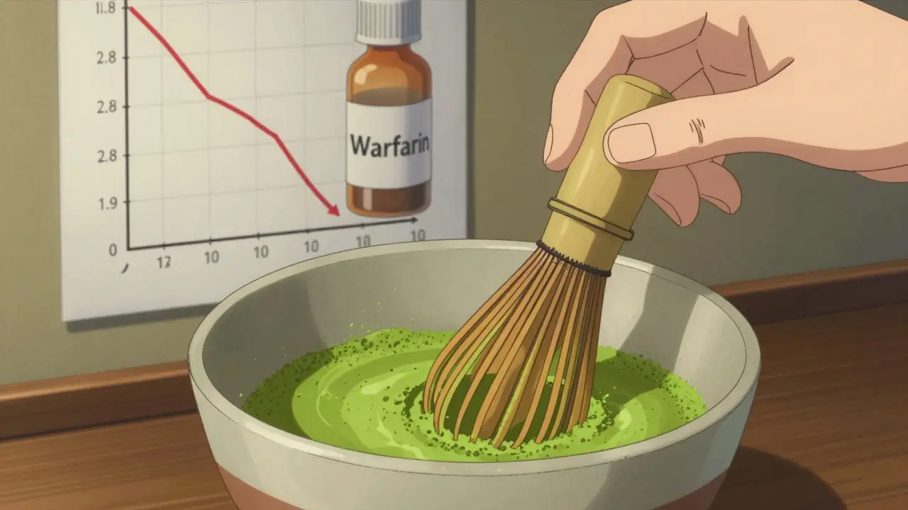 Matcha being whisked as an INR graph drops on the wall behind.