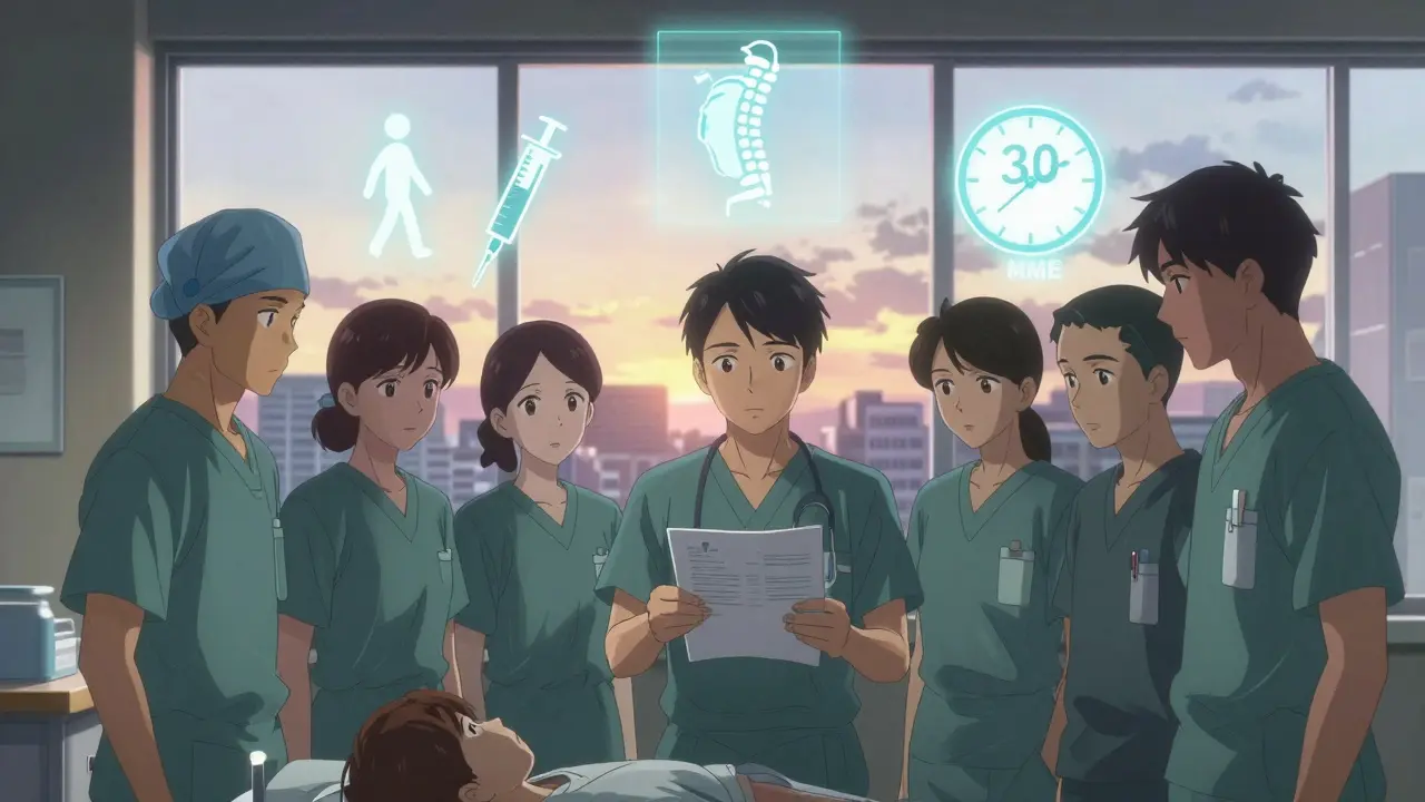 Medical staff reviewing a patient's ERAS protocol chart with glowing icons representing pain management and mobility.