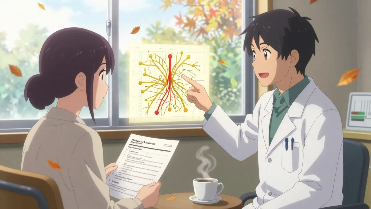 Neurologist and patient in clinic, sunlight streaming in, viewing a dopamine pathway chart with safe meds.