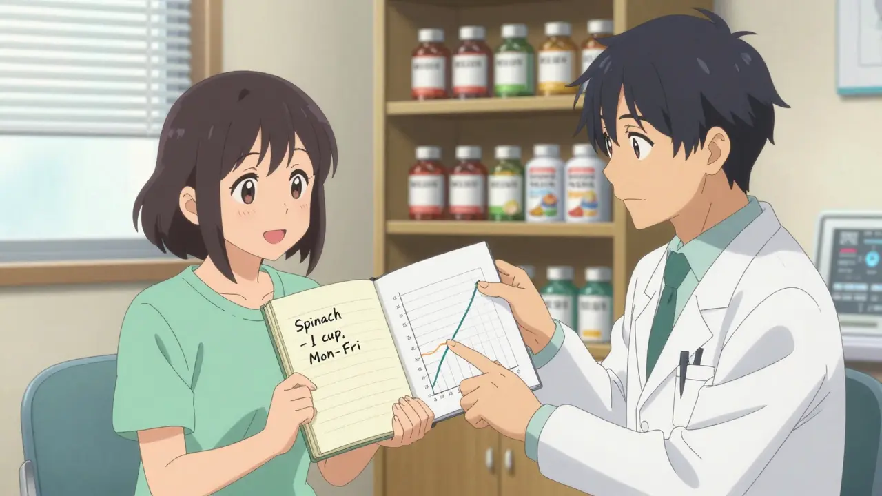 Patient and doctor reviewing a notebook and INR graph in a calm clinic setting.